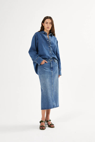 Ramone Denim Fitted Skirt Washed Indigo