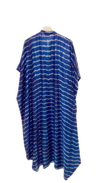 Blue lines Long  Kaftan. Habatoi silk navy horizontal lines